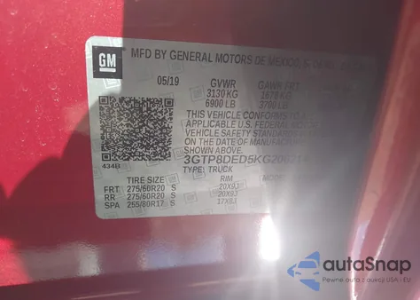 2019 GMC Sierra 1500 Slt from USA, damaged, VIN 3GTP8DED5KG206214